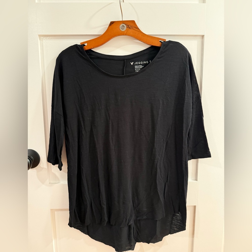 American Eagle Quarter Sleeve Jegging Tee Black Women's Casual Tee